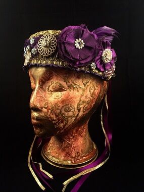Hand Crafted OOAK Purple Gold Festival Crystal Floral Hamsa Buddha Headwear